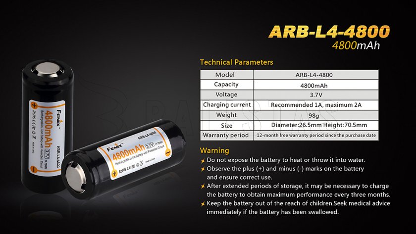 Dobíjecí baterie Fenix 26650 4800 mAh (Li-Ion)